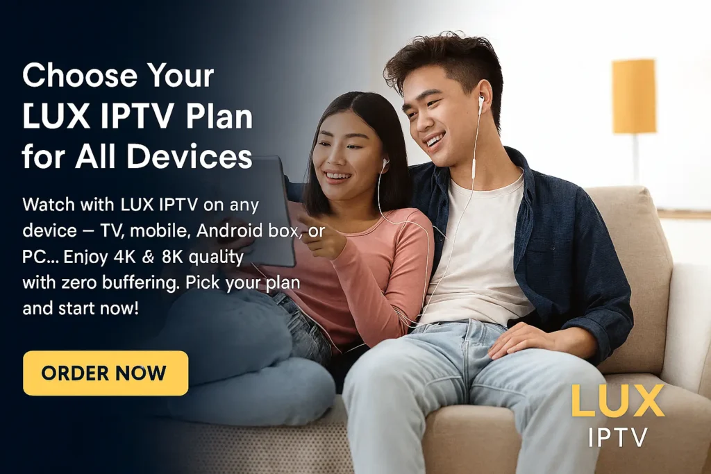 Couple enjoying Lux IPTV streaming on a tablet with high-quality service.