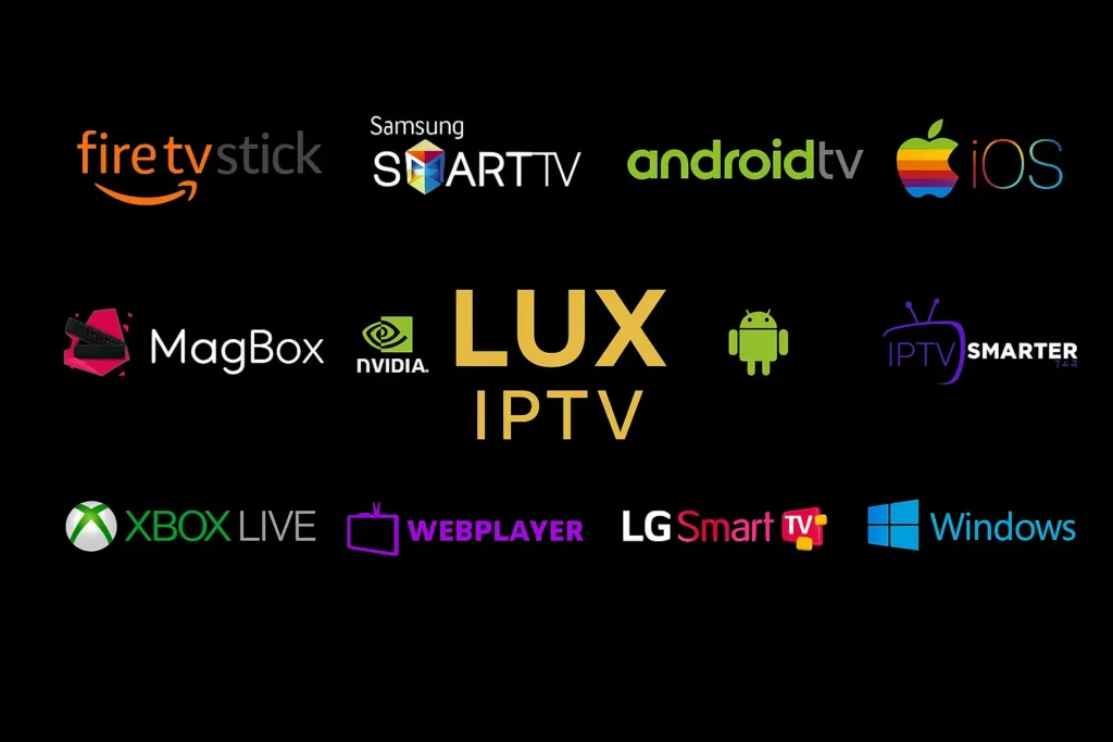 Logos of devices and platforms compatible with LUX IPTV, including Firestick, Smart TV, Android, iOS, MagBox, NVIDIA Shield, IPTV Smarters, Xbox, WebPlayer, LG Smart TV, and Windows.
