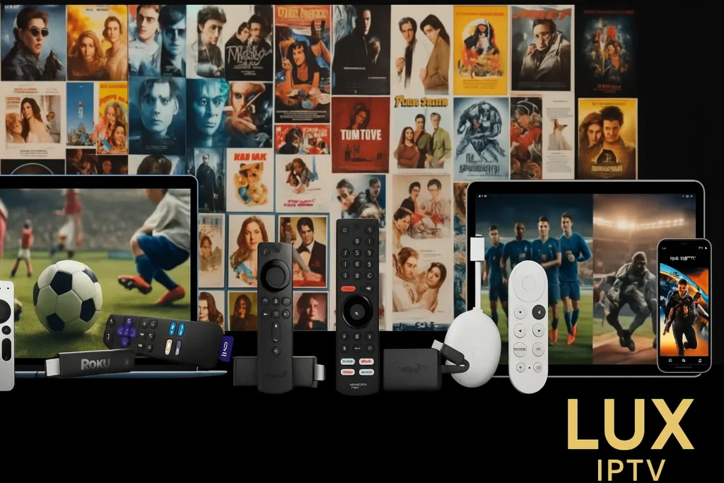 LUX IPTV streaming on multiple devices including Firestick, Roku, Chromecast, Android TV, and smartphones with sports and movies in the background.